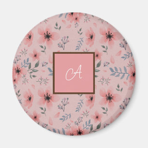 Simple Cute Pink Flower Bloom Boho Monogram Magnet