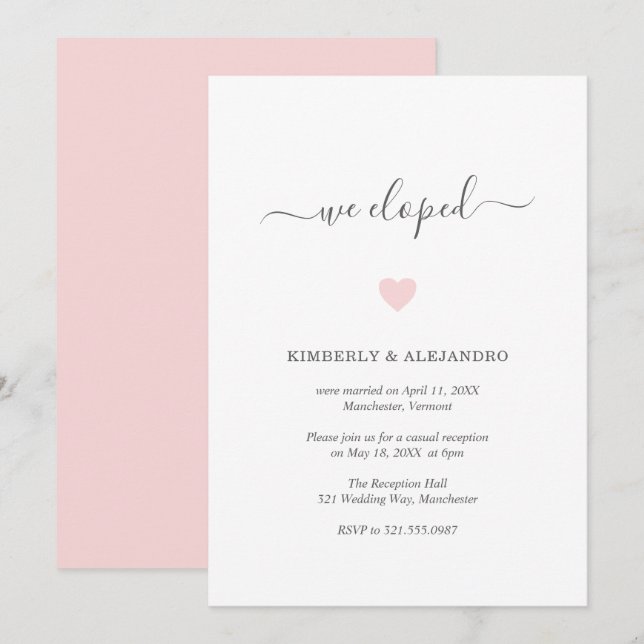 Simple Cute Pink Heart Modern Wedding Reception Invitation (Front/Back)