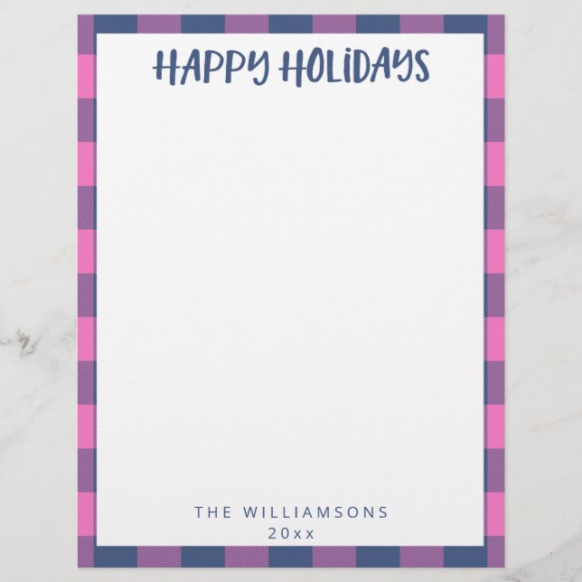 Simple Cute Pink Plaid Name Holiday Stationery  Custom Letterhead (Front)