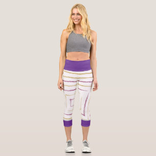 Simple Cute Purple & Golden Stripes Capri Leggings