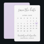 Simple Cute Purple Heart Calender Wedding Save The Date<br><div class="desc">Modern ave the date card featuring a simple calendar in soft grey with the words, "Save the Date" and your names in an elegant handwriting font and a pastel purple heart surrounding your date, over a white background. The backside is a matching shade of lavender. DESIGN TIP: For a column...</div>