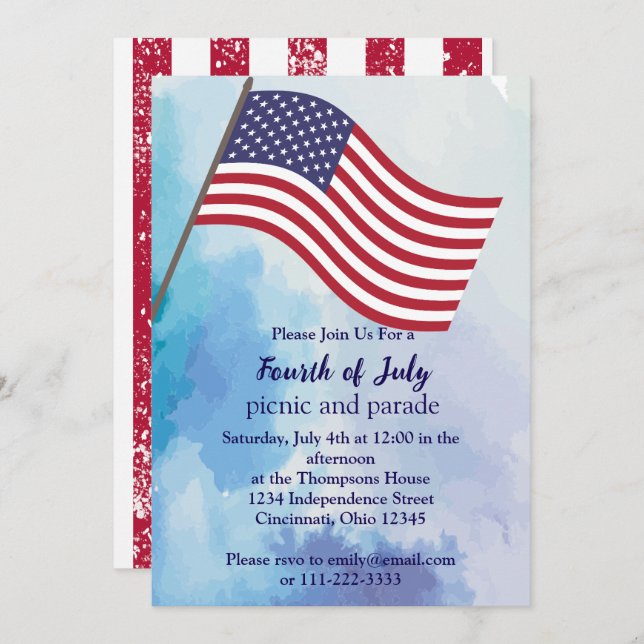 Simple Cute Red White Blue Fourth Of July Flag  Invitation (Front/Back)