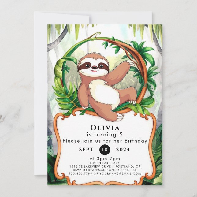 Simple Cute Sloth Birthday Invitation (Front)