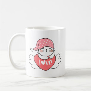 Simple Cute Sweet Charming Smiling White Cat Heart Coffee Mug