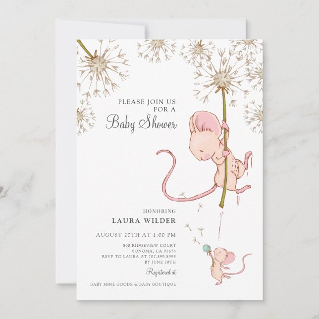 Simple Cute Watercolor Mouse Baby Shower  Invitation (Front)