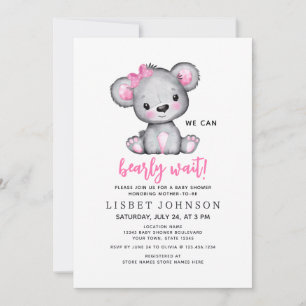 Simple Cute We Can Bearly Wait Pink Baby Shower Invitation
