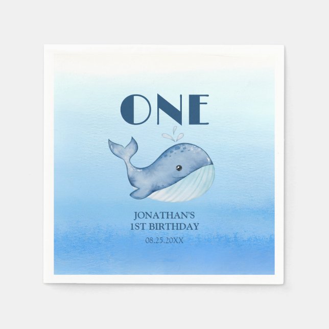 Simple Cute Whale Blue Sea 1st Birthday  Napkin (Front)