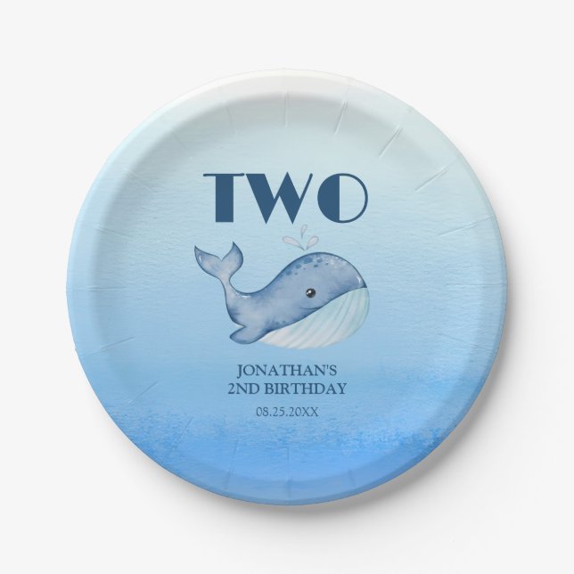 Simple Cute Whale Blue Sea Birthday  Paper Plate (Front)