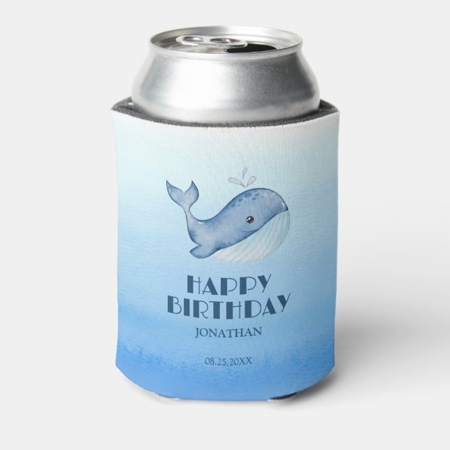 Simple Cute Whale Blue Sea Happy Birthday  Can Cooler (Can Back)