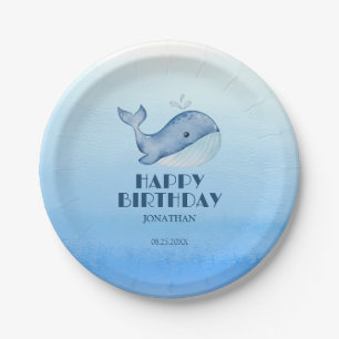 Simple Cute Whale Blue Sea Happy Birthday  Paper Plate
