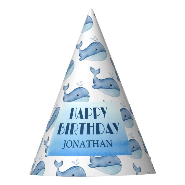 Simple Cute Whale Blue Sea Happy Birthday  Party Hat (Front)