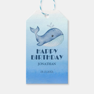 Simple Cute Whale Blue Sea Happy Happy Birthday  Gift Tags