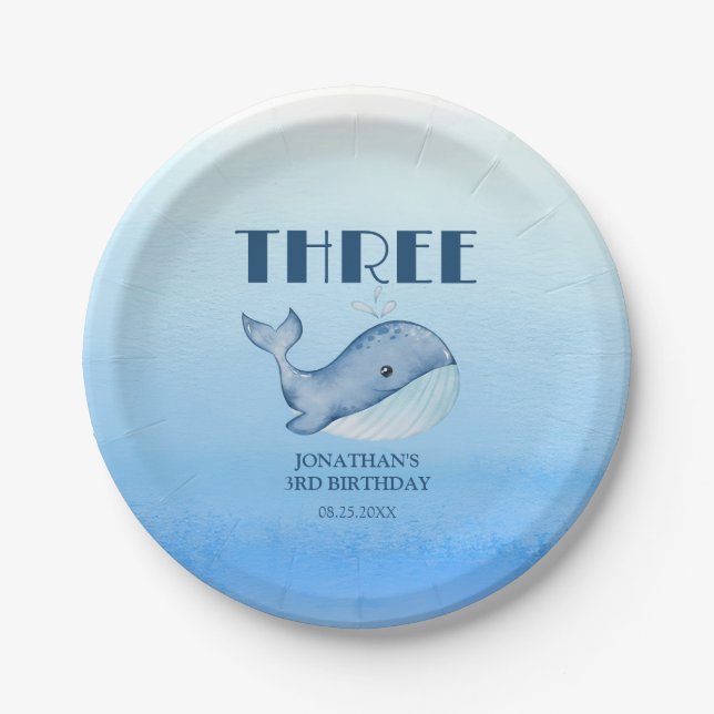 Simple Cute Whale Blue Sea Ocean Birthday  Paper Plate (Front)