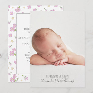 Simple Cute Whimsical Floral Photo Pink Girl Announcement