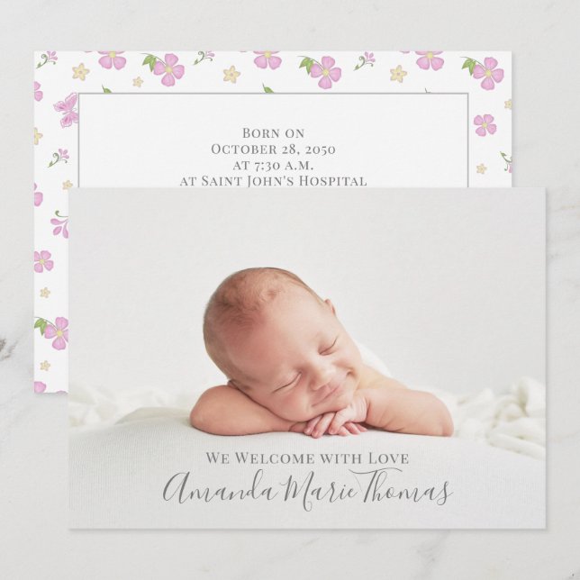 Simple Cute Whimsical Floral Photo Pink Girl Announcement (Front/Back)