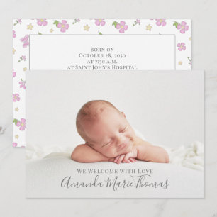 Simple Cute Whimsical Floral Photo Pink Girl Announcement