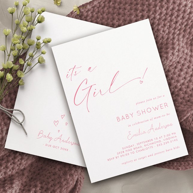 Simple Cute White and Pink Heart Girl Baby Shower Invitation (Creator Uploaded)