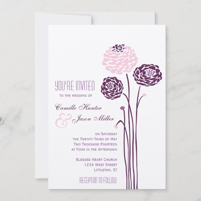 Simple Dahlia - Elegant Aubergine Wedding Invitation (Front)