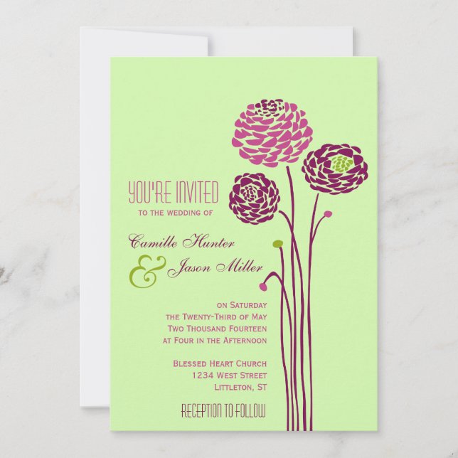 Simple Dahlia - Green & Purple Wedding Invitation (Front)