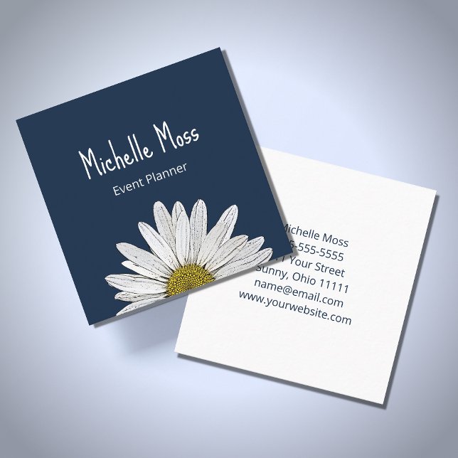Simple Daisy Botanical Boho Navy Blue Square Business Card (Creator Uploaded)