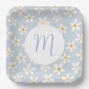 Simple Daisy Flower Blue and White Custom Initial Paper Plate