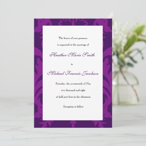 Simple Damask Aubergine Wedding Invitations | Zazzle