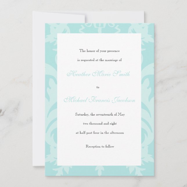 Simple Damask Robin's Egg Blue Wedding Invitation (Front)