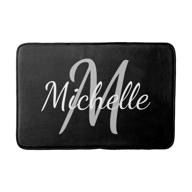 Simple dark black Bold Typography & Name Monogram Bath Mat (Front)