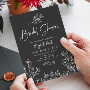 Simple Dark Black Wildflowers  Bridal Shower  Invitation