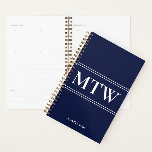 Simple Dark Blue and White Monogram Text 2025 Planner (Display)