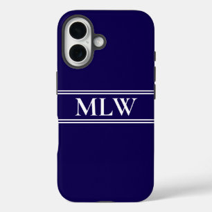 Simple Dark Blue and White Monogrammed  iPhone 16 Case
