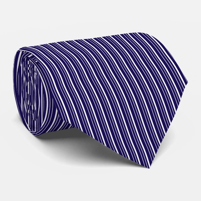 Simple Dark Blue and White Thin Vertical Stripes Tie (Rolled)