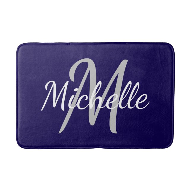 Simple dark blue Bold Typography & Name Monogram Bath Mat (Front)