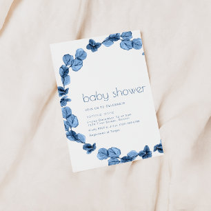 Simple Dark Blue Floral Baby Shower Invite