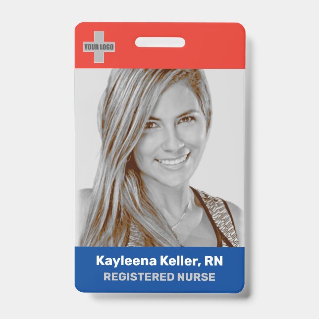 Simple Dark Blue Red Large Photo Logo Code Nurse ID Badge (Front)