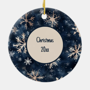 Simple Dark Blue with Snowflakes All Over Print Ceramic Tree Decoration