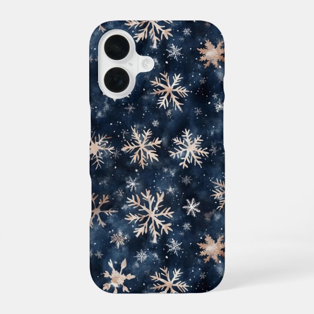 Simple Dark Blue with Snowflakes iPhone 16 Case (Back)