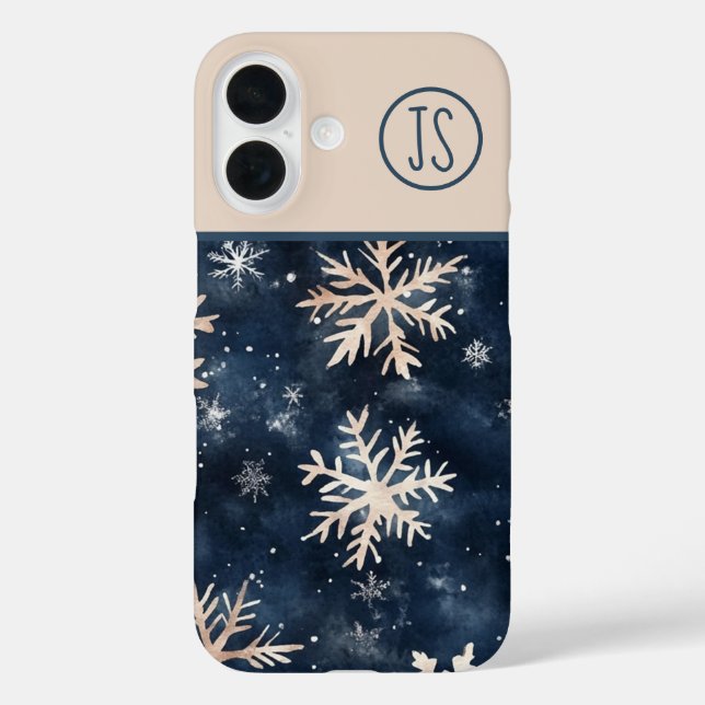 Simple Dark Blue with Snowflakes Monogrammed Case-Mate iPhone Case (Back)