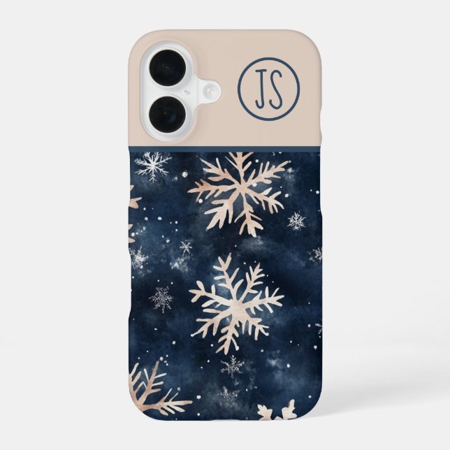 Simple Dark Blue with Snowflakes Monogrammed iPhone 16 Case (Back)