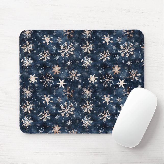 Simple Dark Blue with Snowflakes Mouse Mat (With Mouse)