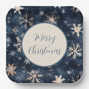 Simple Dark Blue with Snowflakes Paper Plate