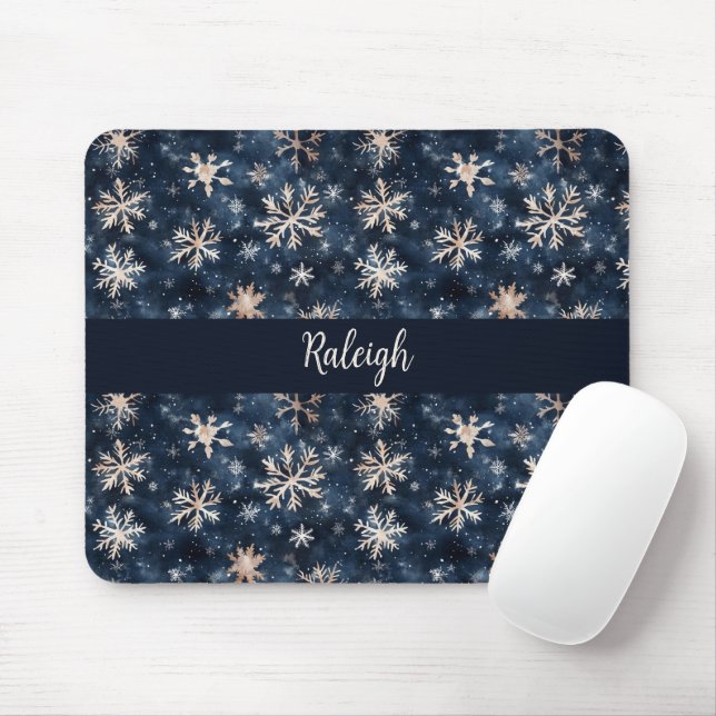 Simple Dark Blue with Snowflakes Personalised Mouse Mat (With Mouse)