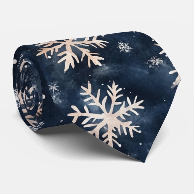 Simple Dark Blue with Snowflakes Tie (Rolled)