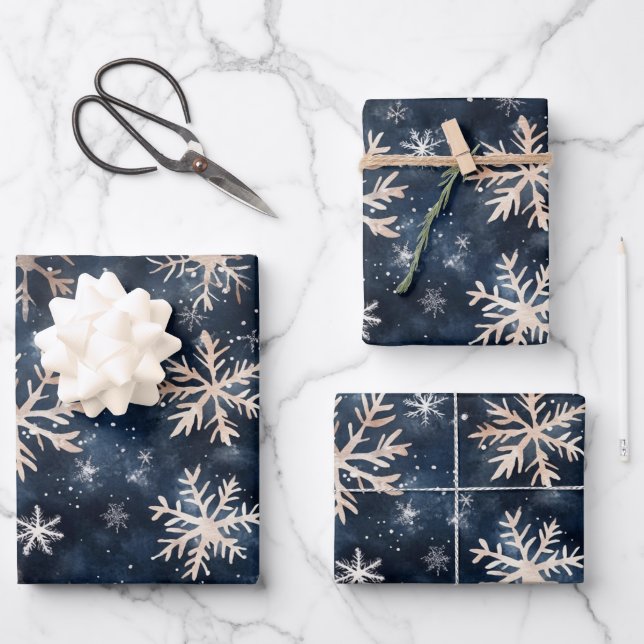 Simple Dark Blue with Snowflakes Wrapping Paper Sheet (Front)