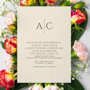 Simple Dark Bronze & Gold Monogram Wedding Invitation