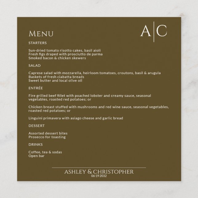 Simple Dark Bronze Monogram Wedding Reception Menu (Front)