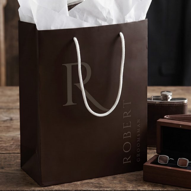 Simple Dark Brown Monogram Personalised Groomsmen Medium Gift Bag (Creator Uploaded)