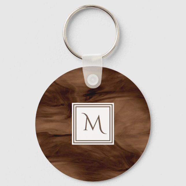 Simple Dark Brown Subtle Marble Modern Monogram Key Ring (Front)