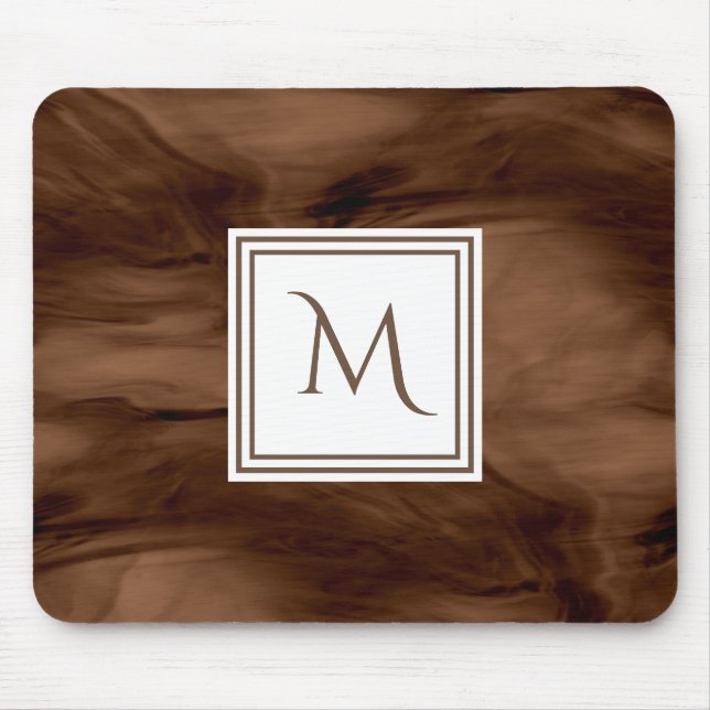 Simple Dark Brown Subtle Marble Modern Monogram Mouse Mat (Front)