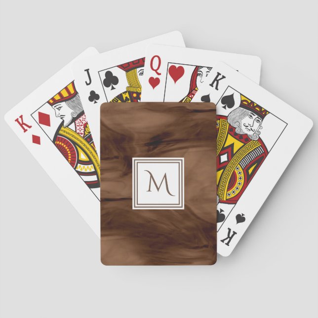 Simple Dark Brown Subtle Marble Modern Monogram Playing Cards (Back)